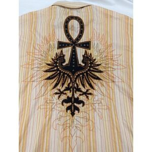 Pelle Pelle Shirt Ankh Bird Y2K Orange Gold Mens XXL Stripe Button Embroidered